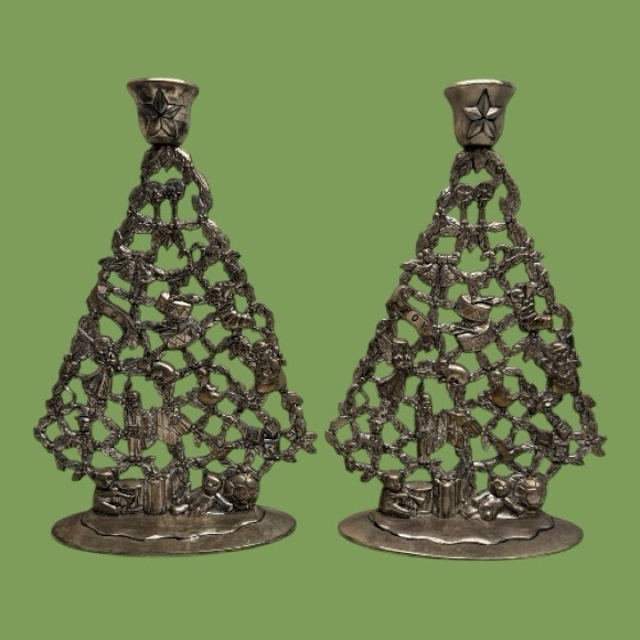 Enesco Other - Vintage Enesco Silver Plated Christmas Tree Candle Holders Filigree-style Retro